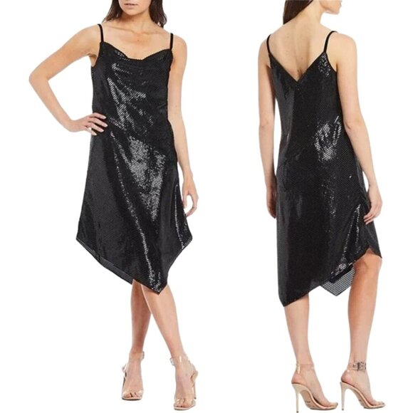 Trina Turk Geometric Striped Cowl Neck Asymmetrical Dress Womens Large Black NWT - Picture 1 of 14